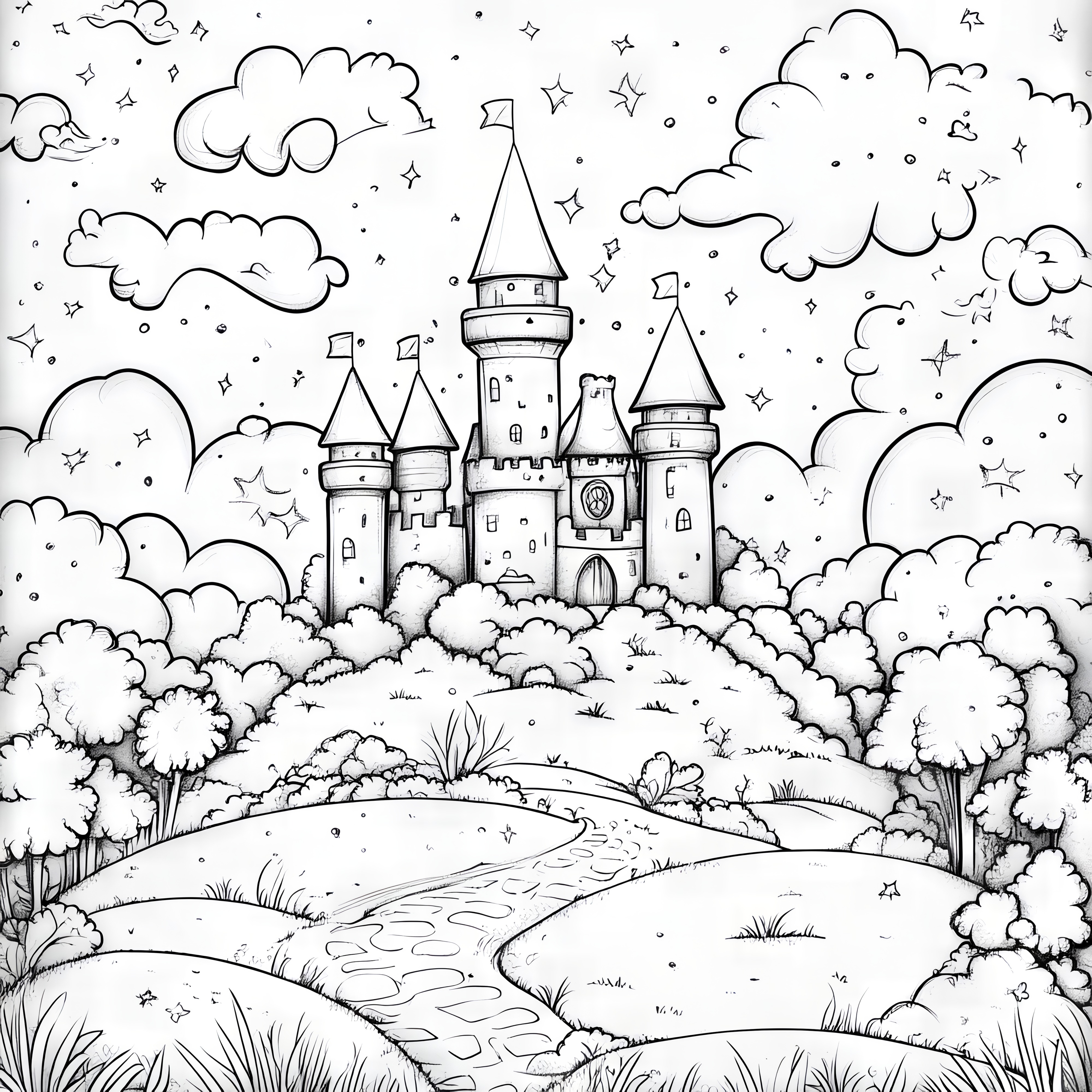 Fairytale castle in the thicket: Imaginative coloring picture for download (Free)