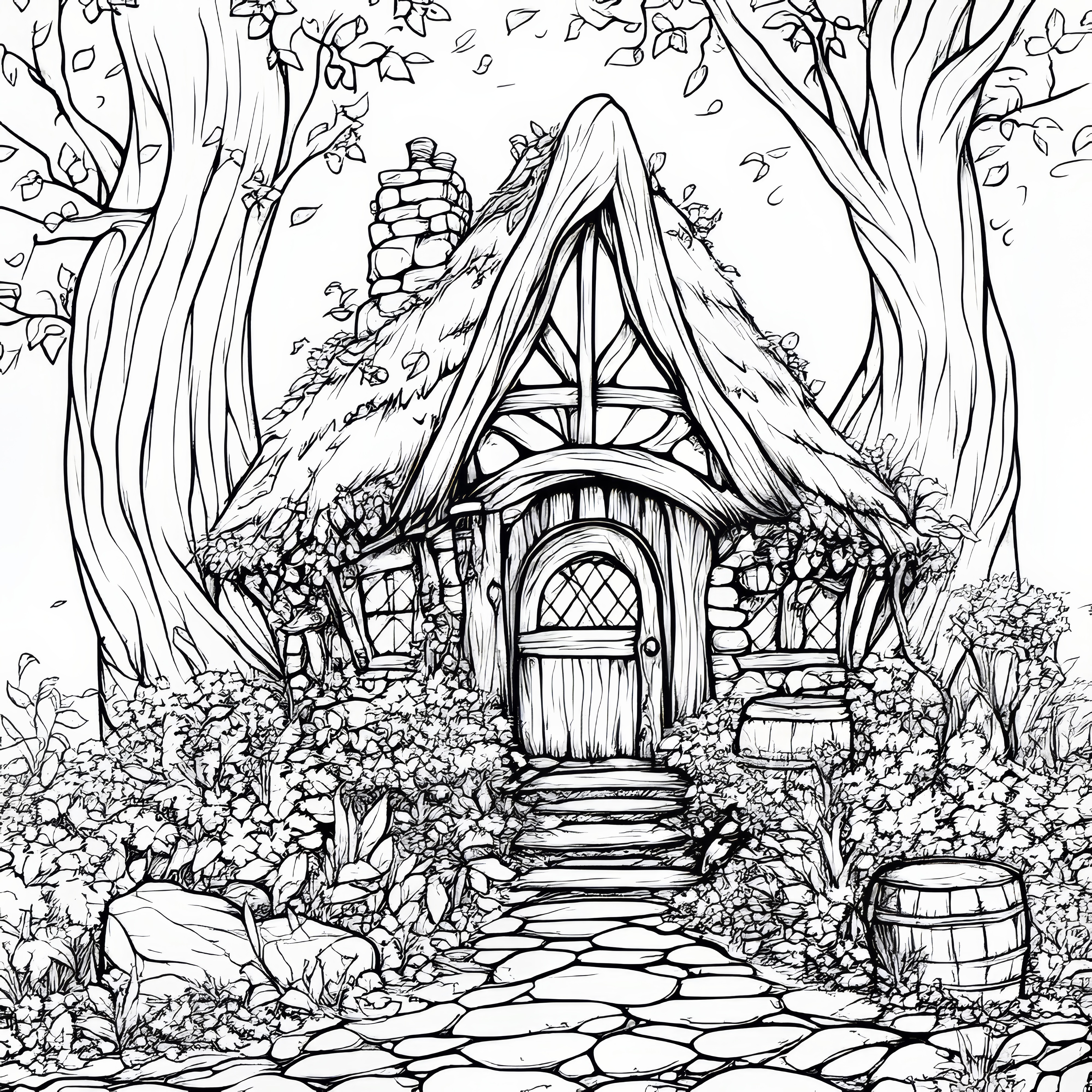 Small dwarf hut in the enchanted forest: Coloring picture for download (Free)