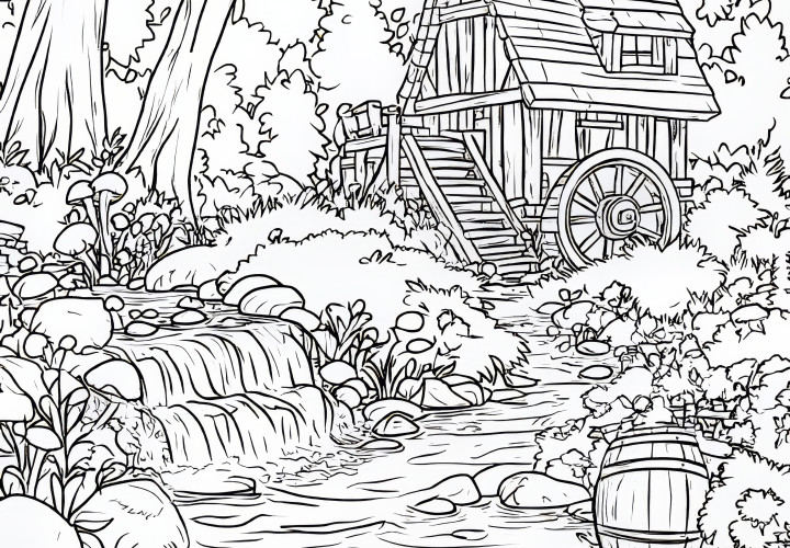 Enchanted water mill in the magic forest: coloring page for download (free)