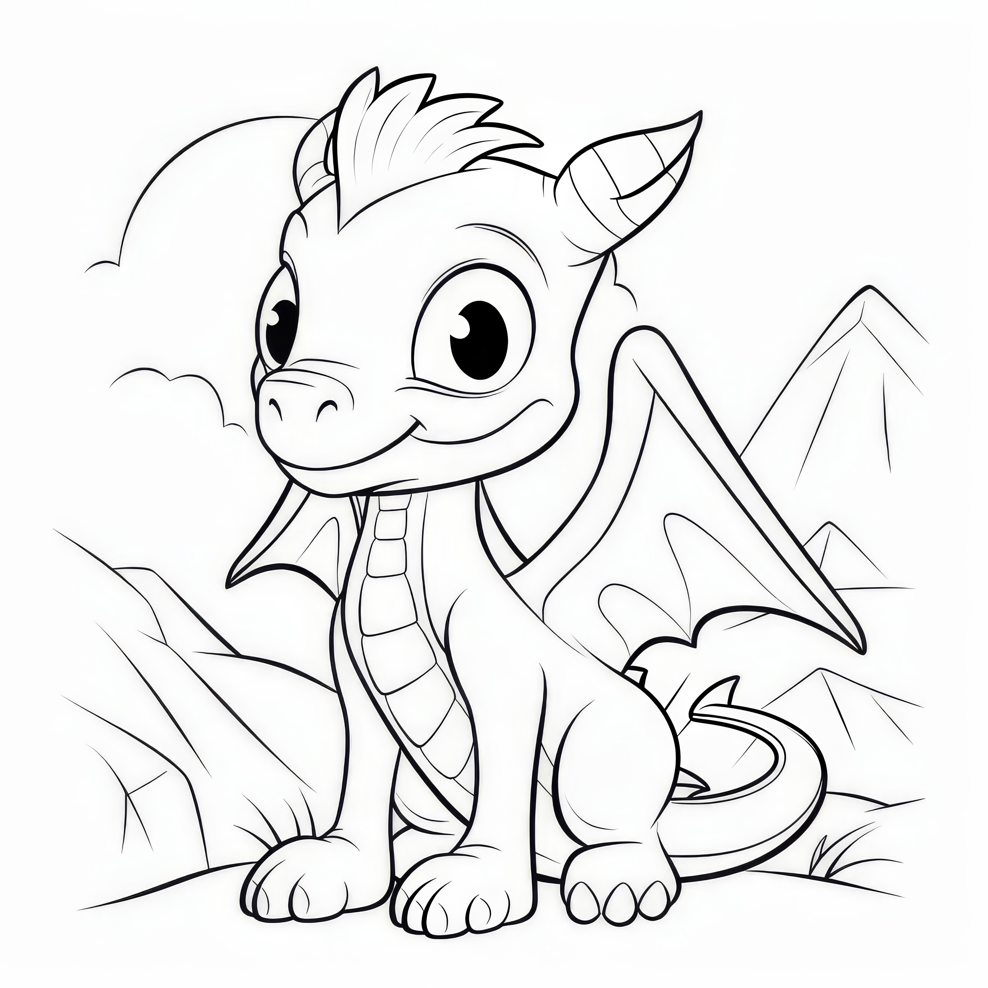 山の前で友好的なドラゴン： 無料でダウンロードできるぬり絵