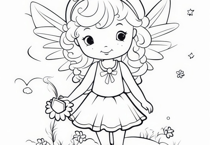 Cute fairy and little stars: coloring page for download (free)