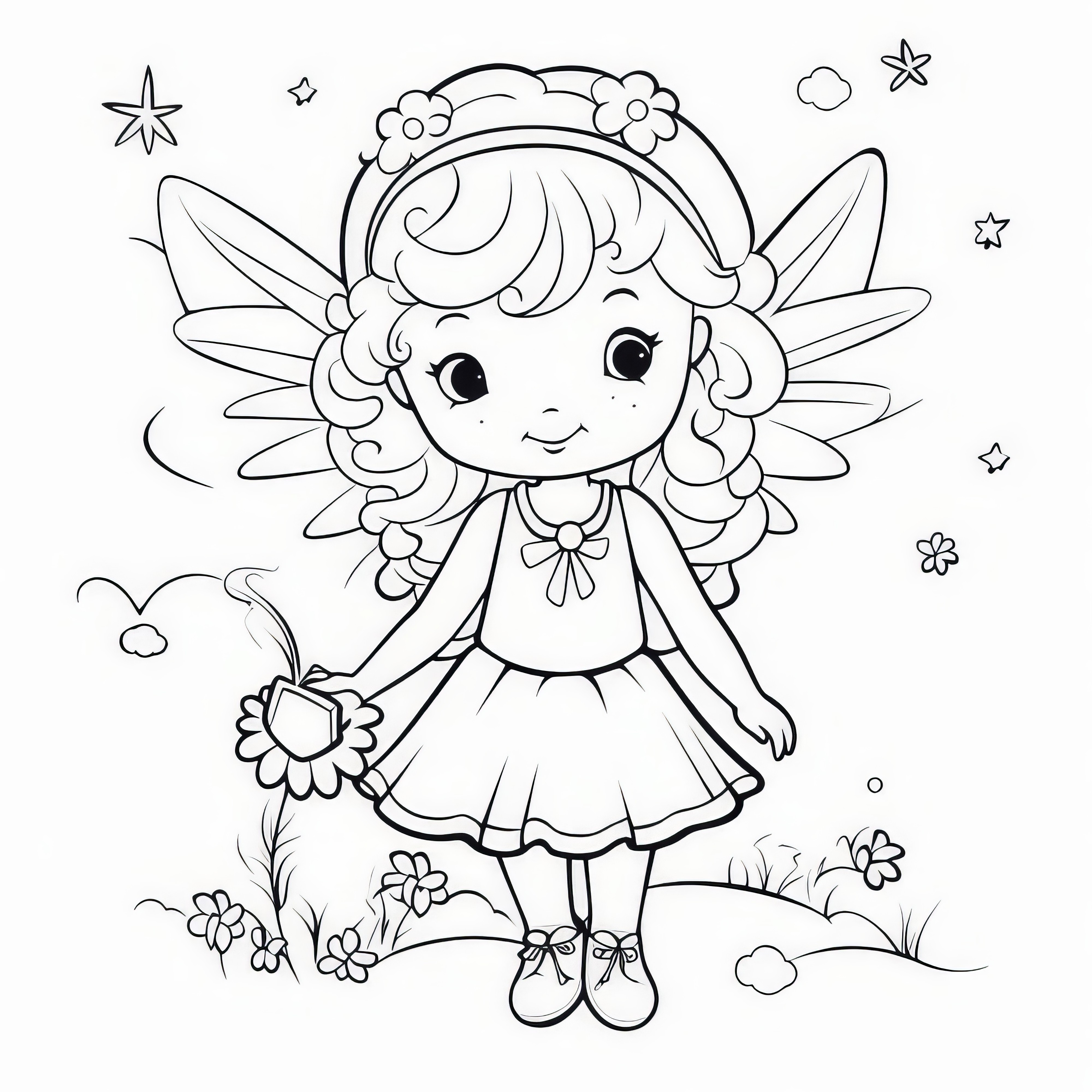 작은 별을 가진 귀여운 요정: 컬러링 페이지 다운로드(무료)