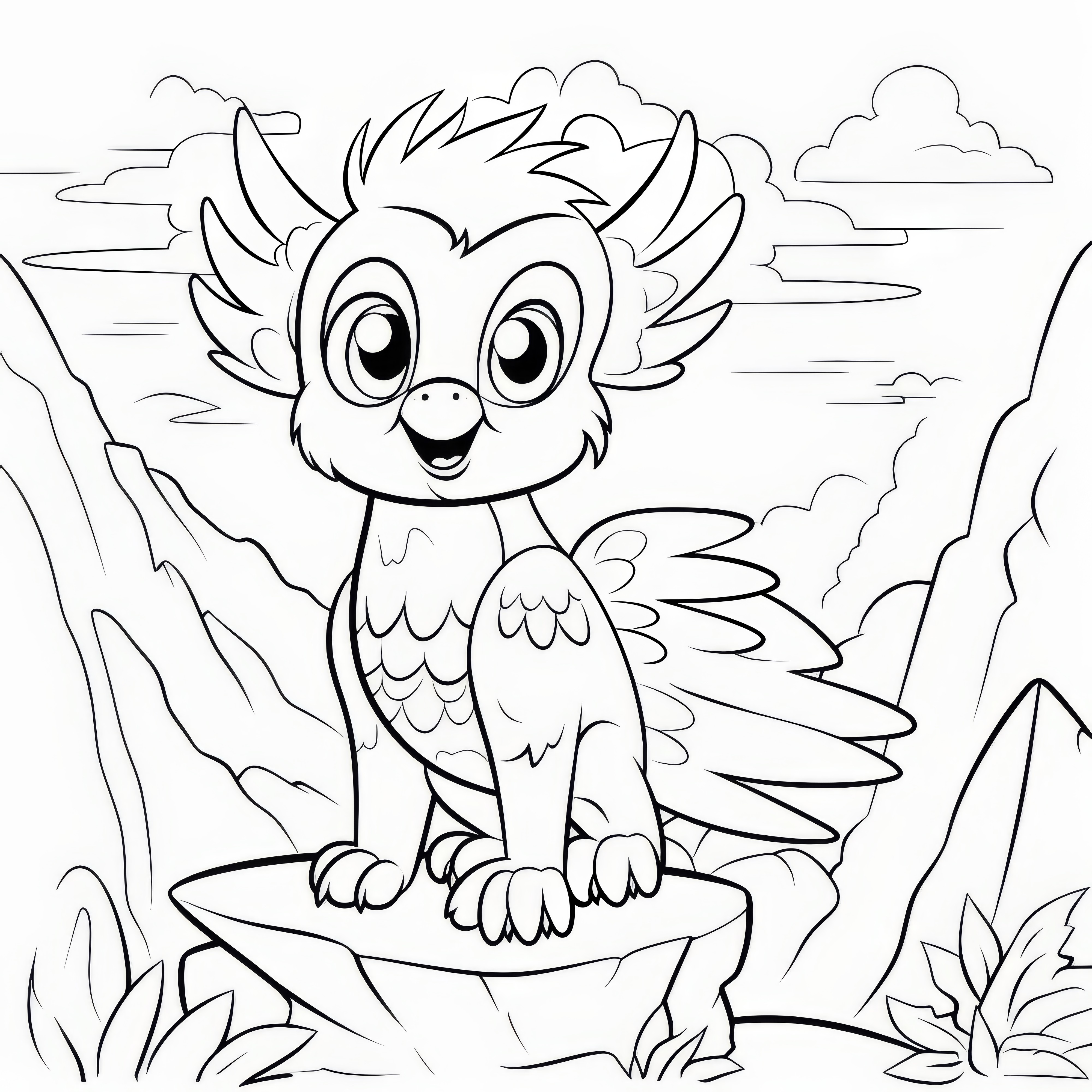 Small laughing griffin on rocks: coloring page to download (free)