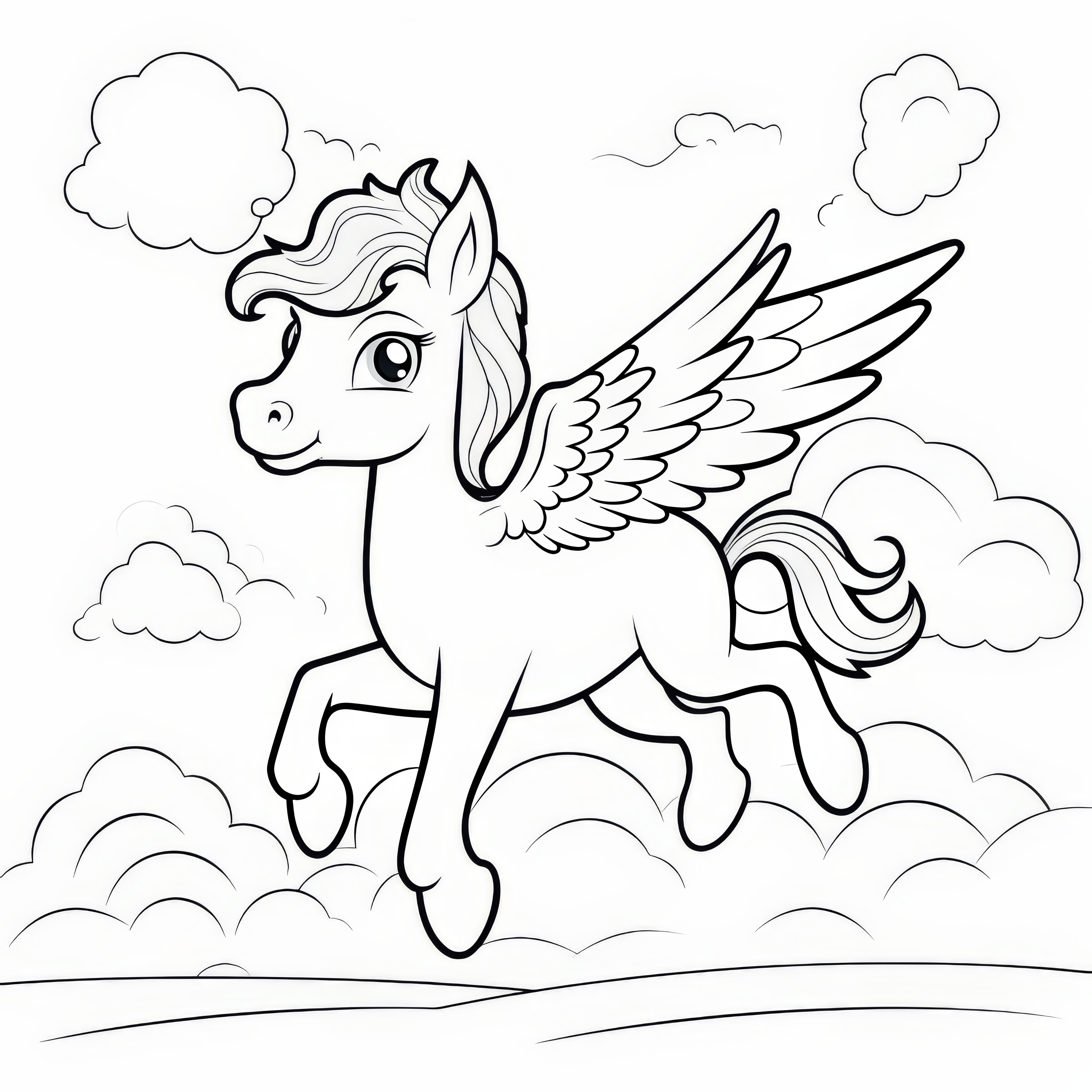 Schattig Pegasus boven de wolken: Kleurplaat om te downloaden (Gratis)