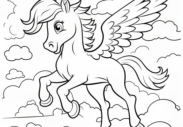 Pegasus vliegt over de wolken: kleurplaat om te downloaden (Gratis)
