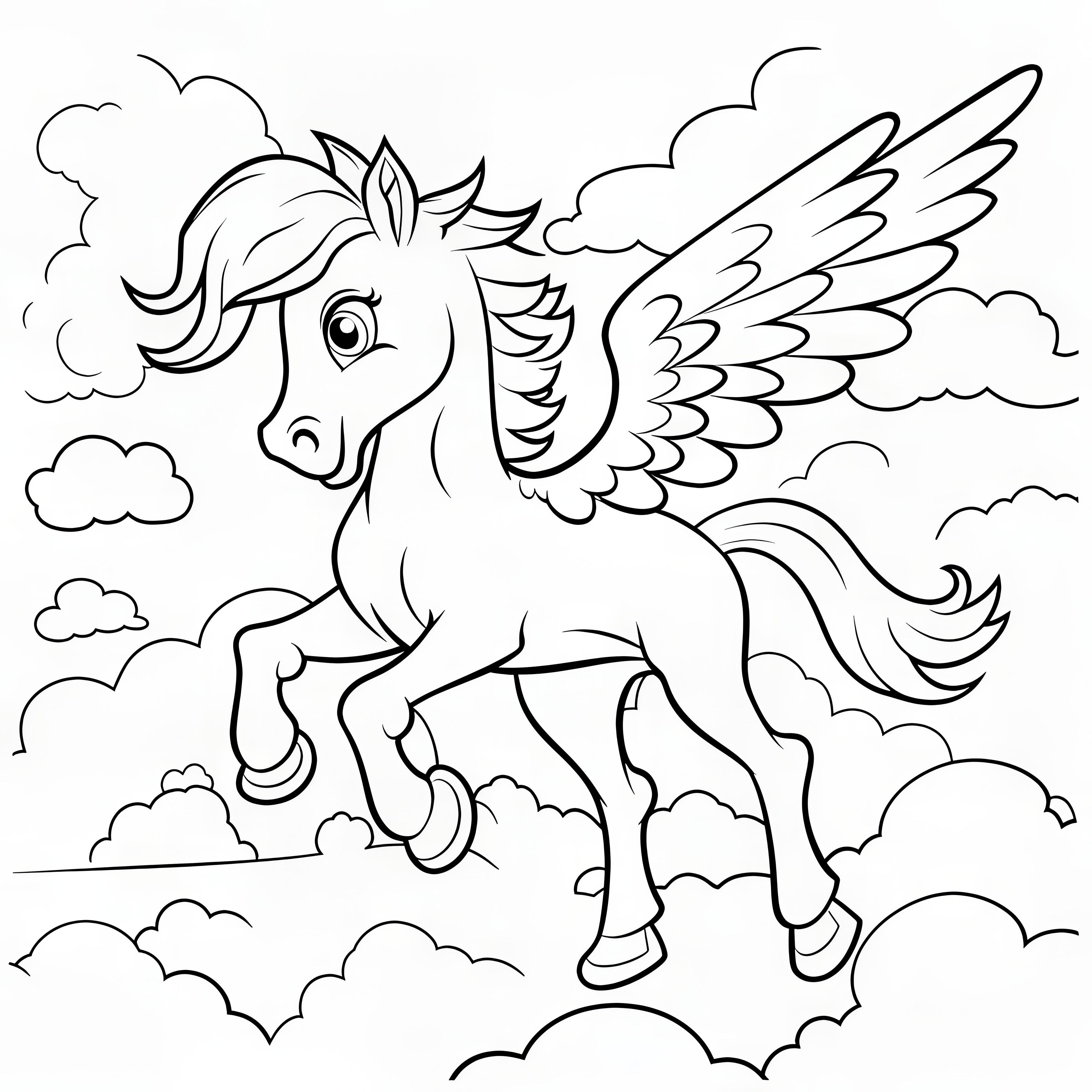 Pegasus vliegt over wolken - kleurplaat