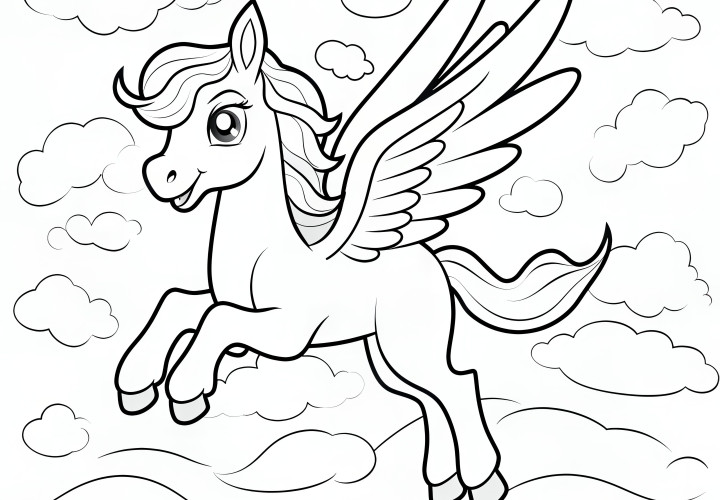 Lachende Pegasus: eenvoudige kleurplaat voor kinderen (Gratis)