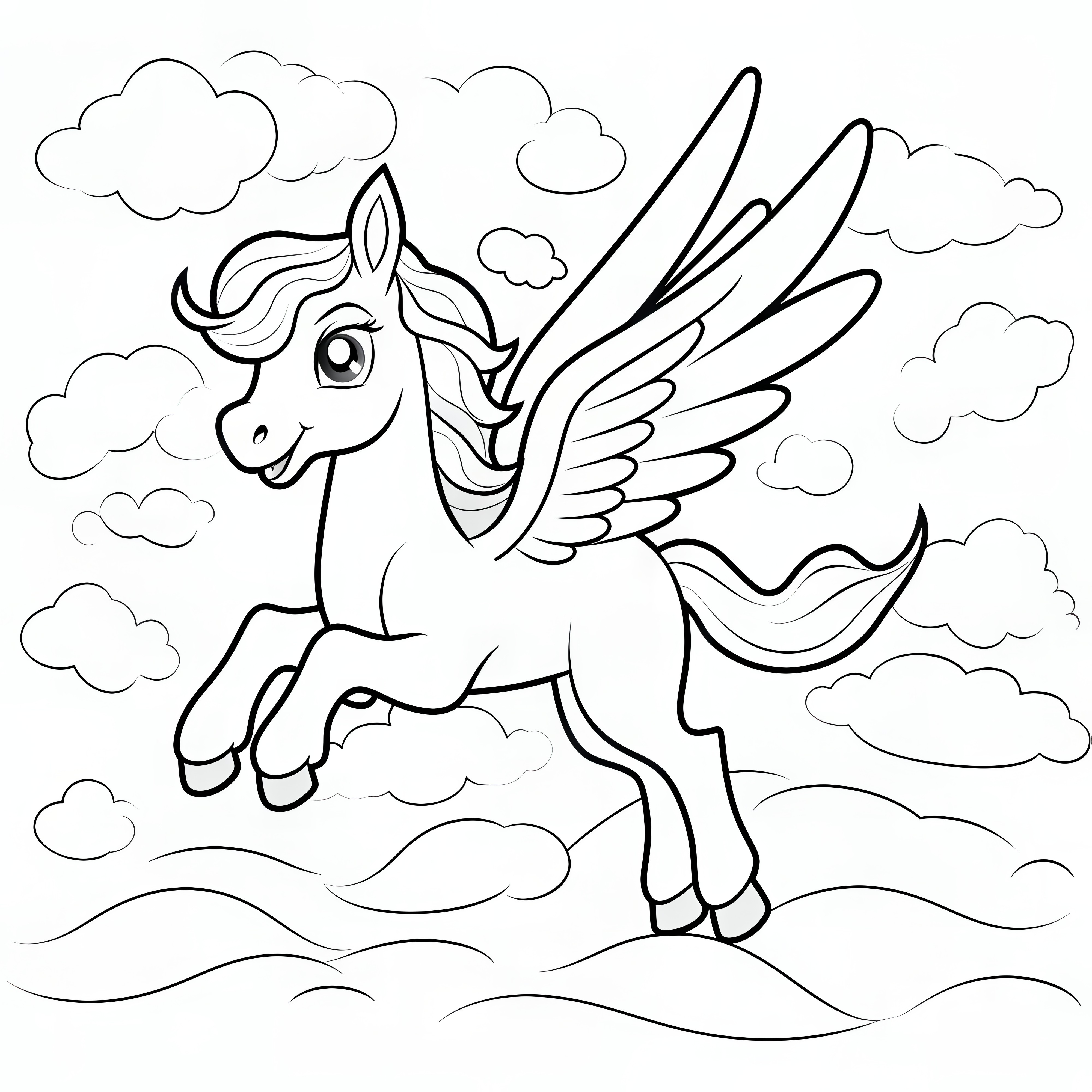 Lachende Pegasus: eenvoudige kleurplaat voor kinderen (gratis)