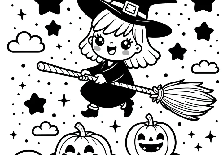 Létající čarodějnice s halloweenskými dýněmi: Výtvarná šablona ke stažení (zdarma)
