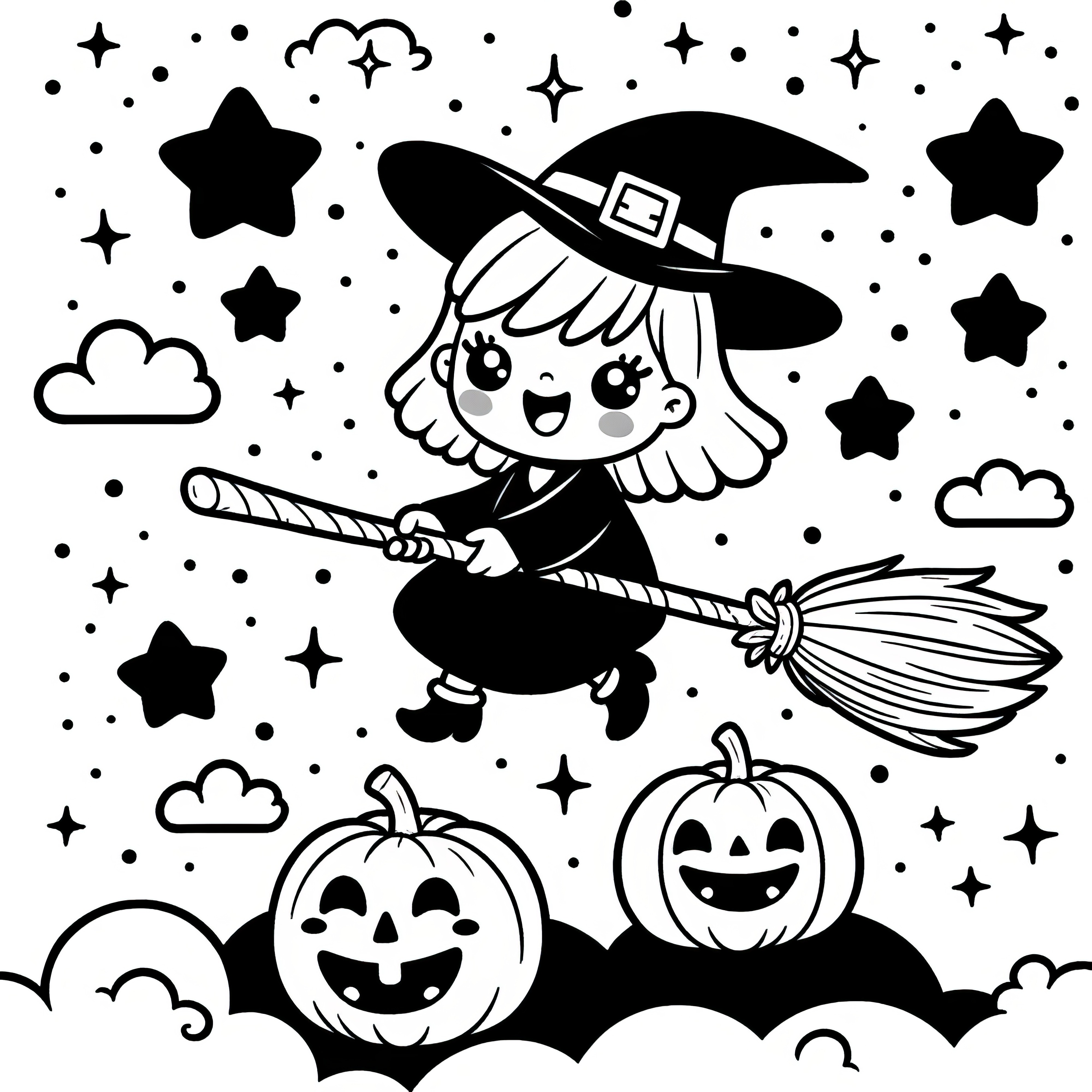 Bruxa voadora com abóboras de Halloween: Descarregar a página para colorir (gratuito)