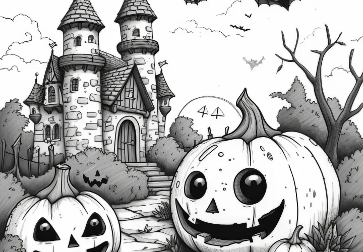 Veselé dýně na Halloween před zámkem duchů: omalovánky (zdarma)