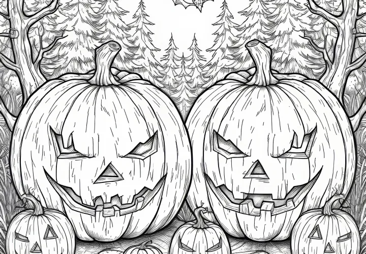Strašidelné halloweenské dýně v lese: Bezplatné omalovánky