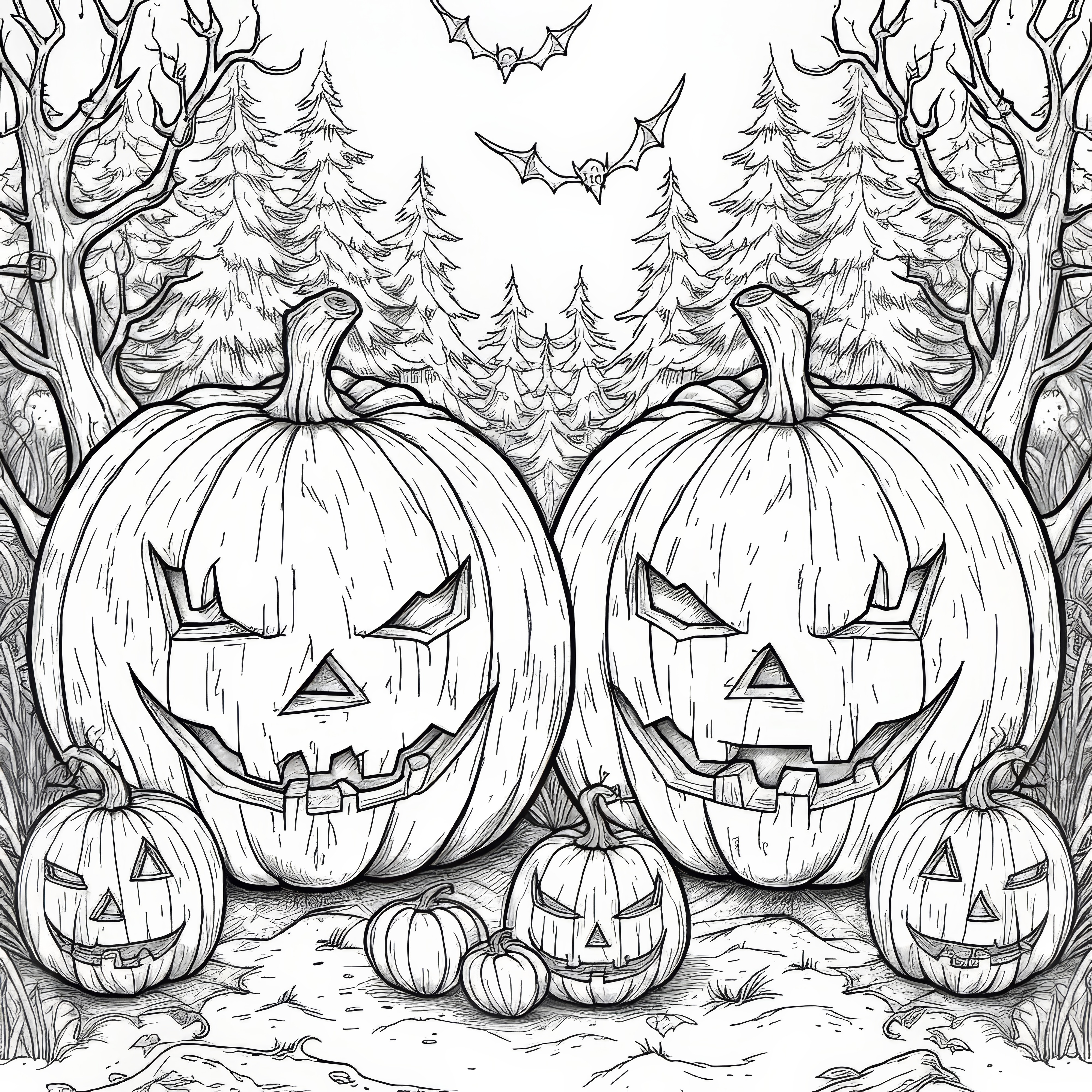 Creepy Halloween pumpkins in the forest: Free coloring template