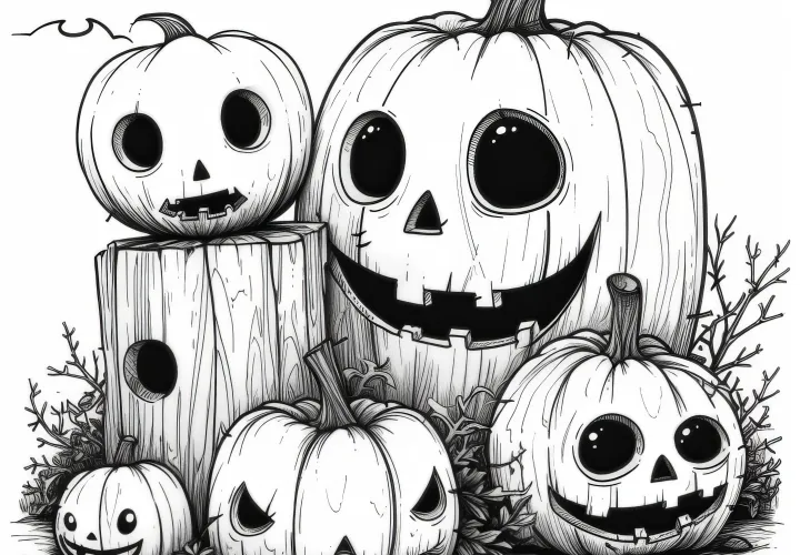 Strašidelné dýně na pařezu k Halloweenu: Omalovánka zdarma ke stažení