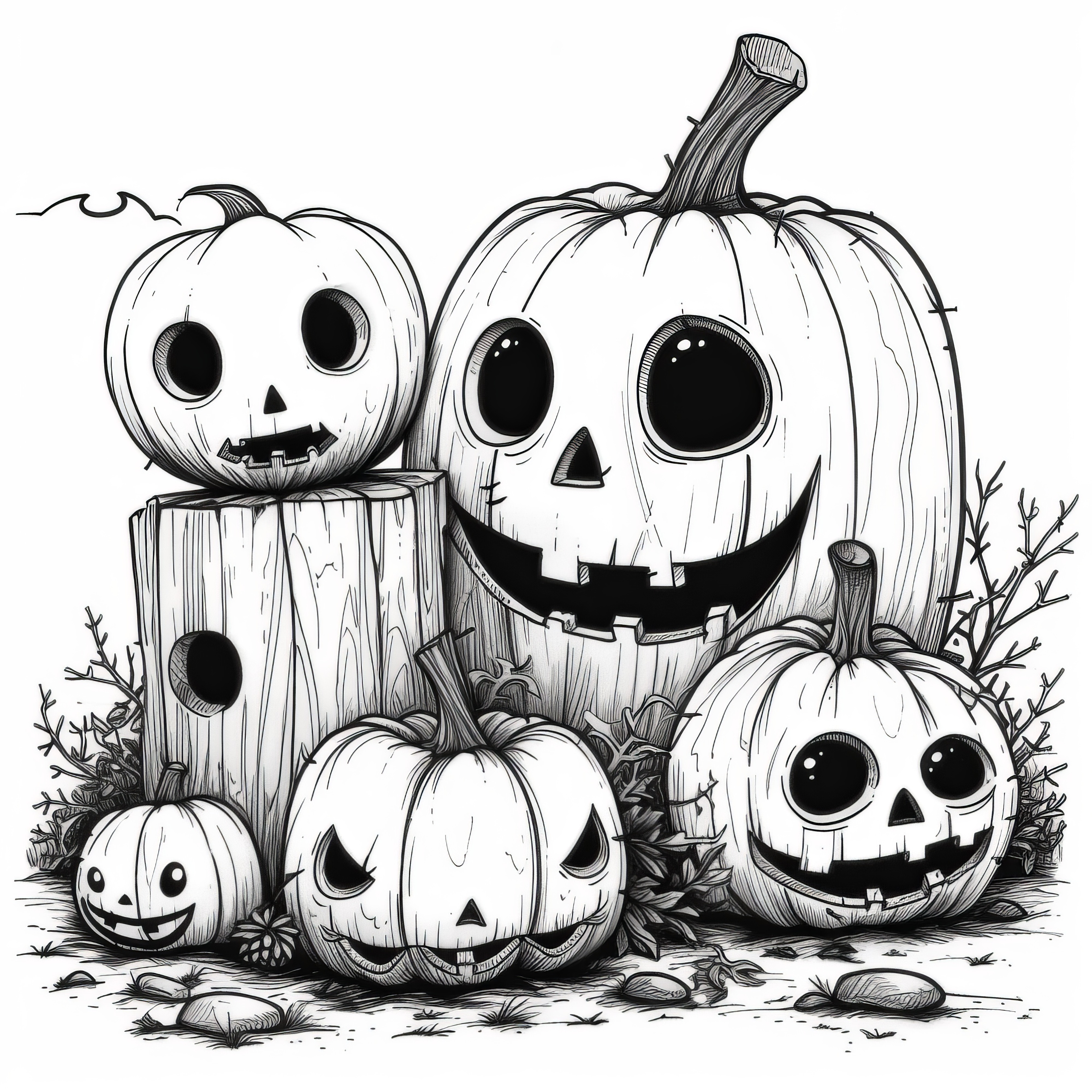Spooky Halloween pumpkins on tree trunk: coloring page free to download
