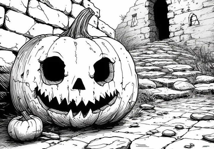 Halloween dýně na hradní zřícenině: Výtvarný předloha ke stažení (zdarma)