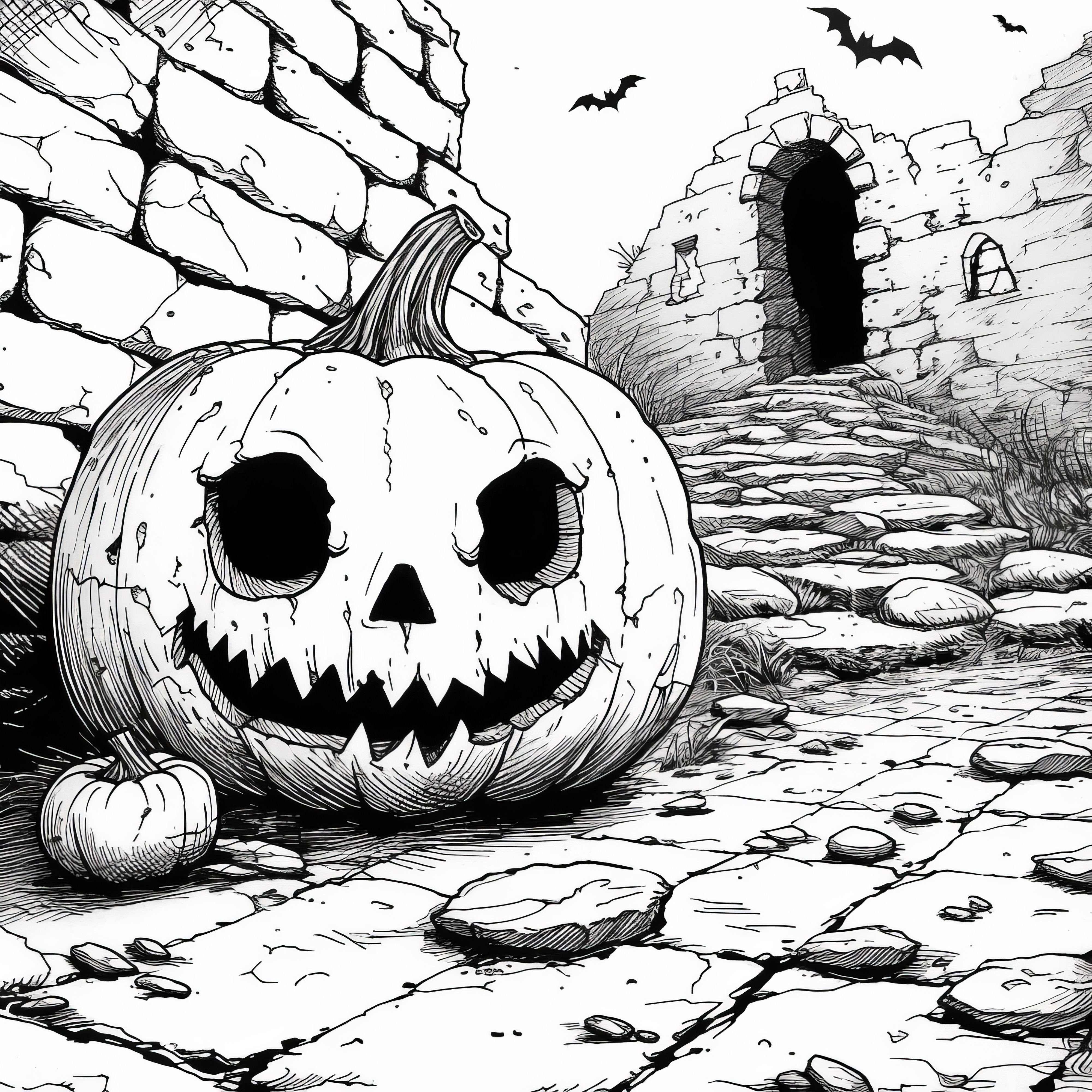 ハロウィンのカボチャを城跡に：ダウンロード用のぬり絵（無料）