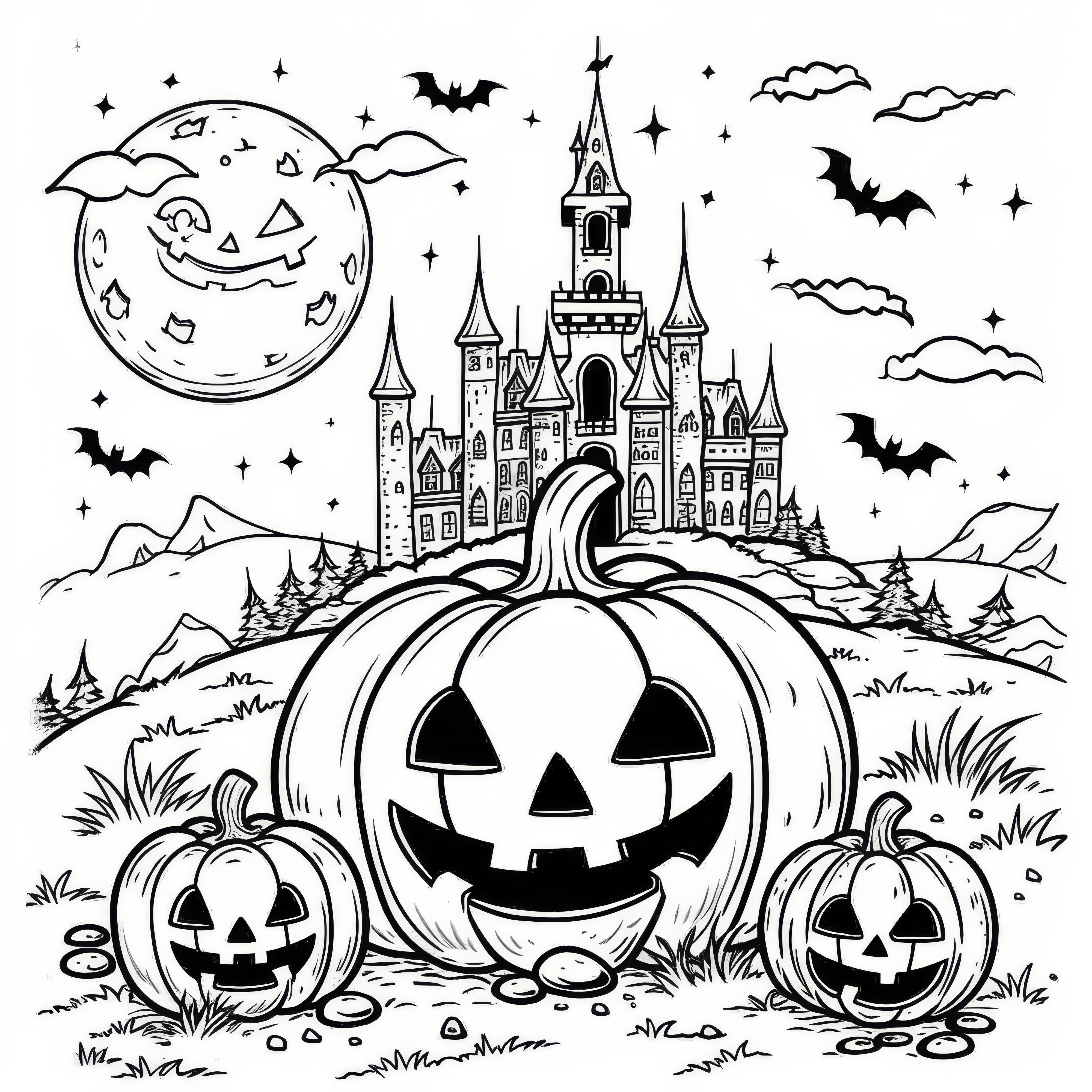 Dovleci de Halloween cu un castel înfricoșător: desen de colorat pentru copii (Gratuit)