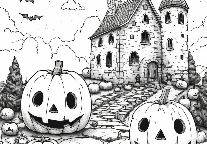 Dýně na Halloween před starým hradem: Bezplatná omalovánka ke stažení