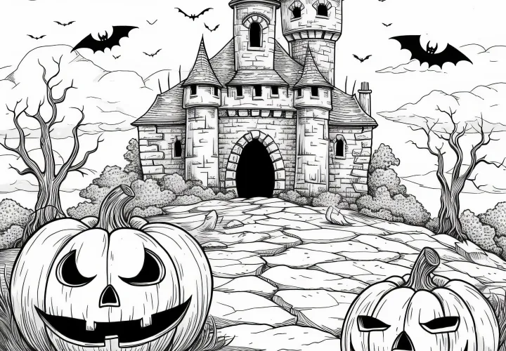 Dýně s netopýry před hradem na Halloweenské výmalbě (Zdarma)