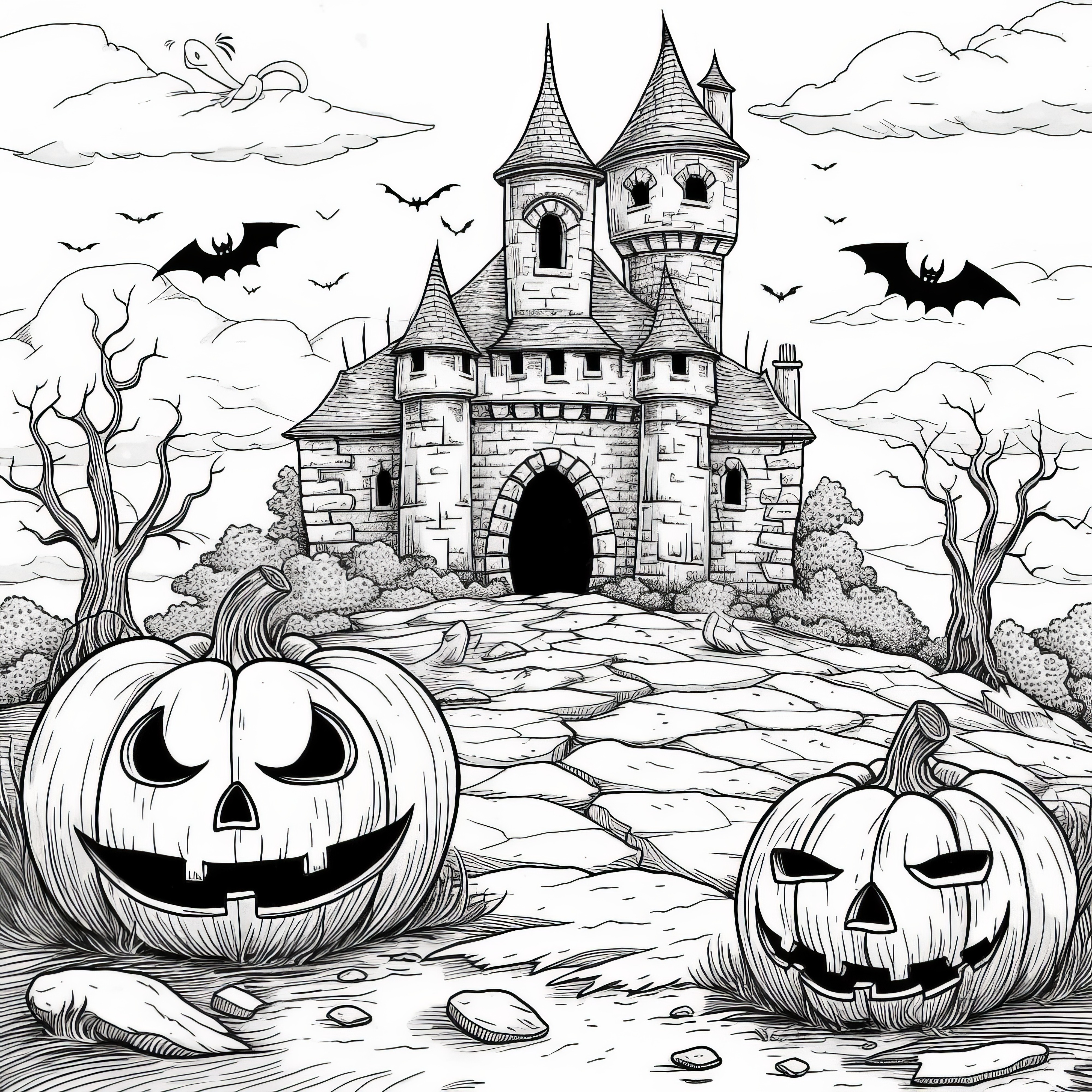 Dýně s netopýry před hradem na Halloween: omalovánka (zdarma)
