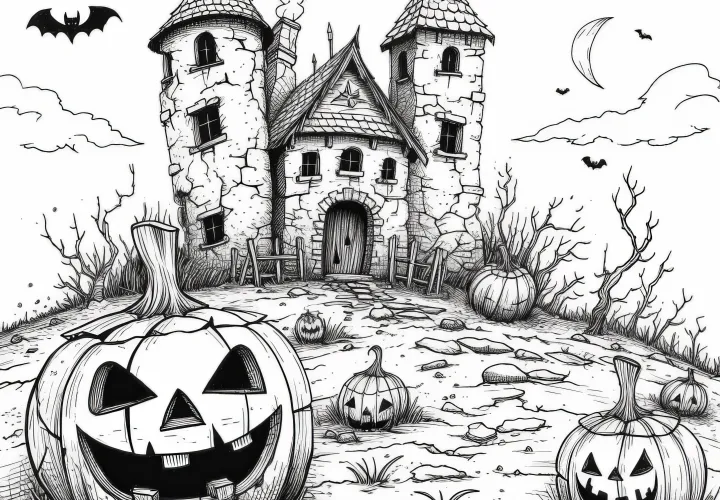 Dýně na Halloweenském domě ducha: omalovánka (Zdarma)