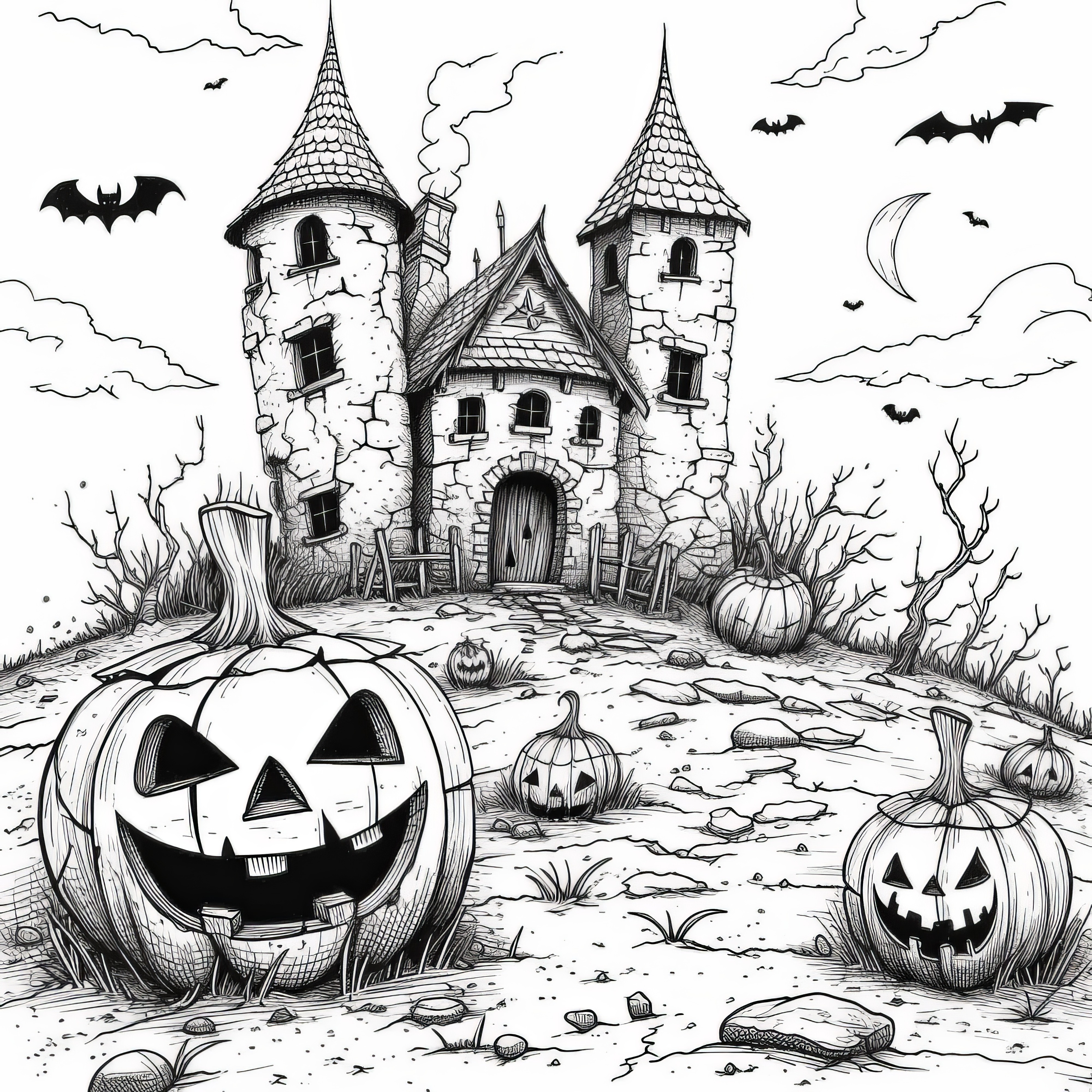 Tekvica na Halloween pred duchovým domom: Omaľovánka (Zadarmo)