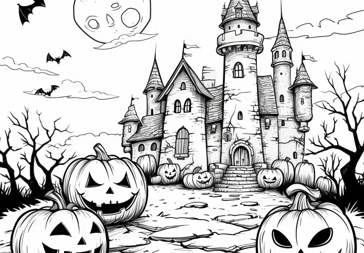 Dýně na Halloween před strašidelným zámkem: omalovánky zdarma ke stažení