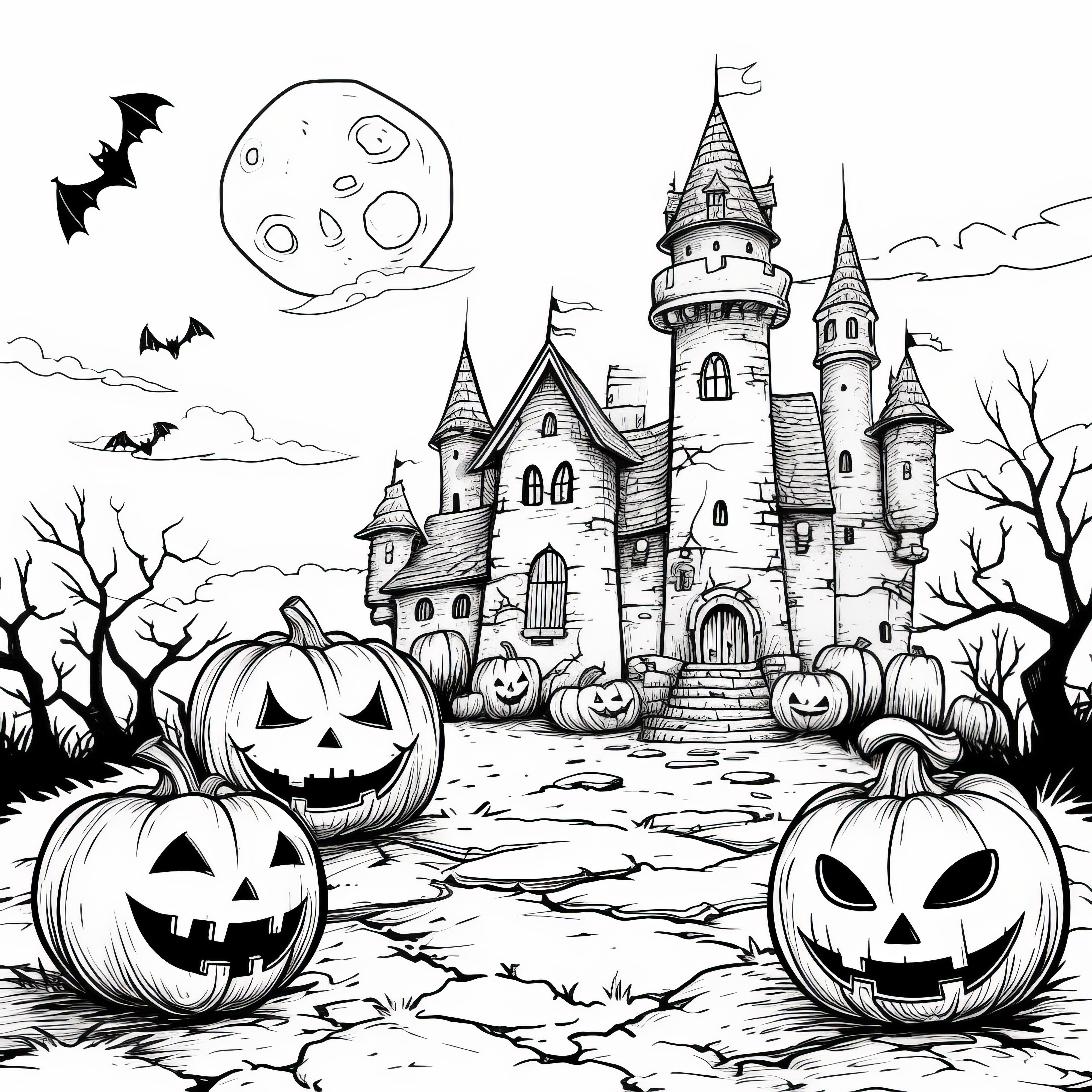 Dýně na Halloween před strašidelným zámkem: omalovánka zdarma ke stažení