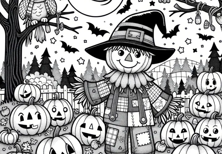 Straka, dýně na Halloween a sovy v lese: omalovánka zdarma