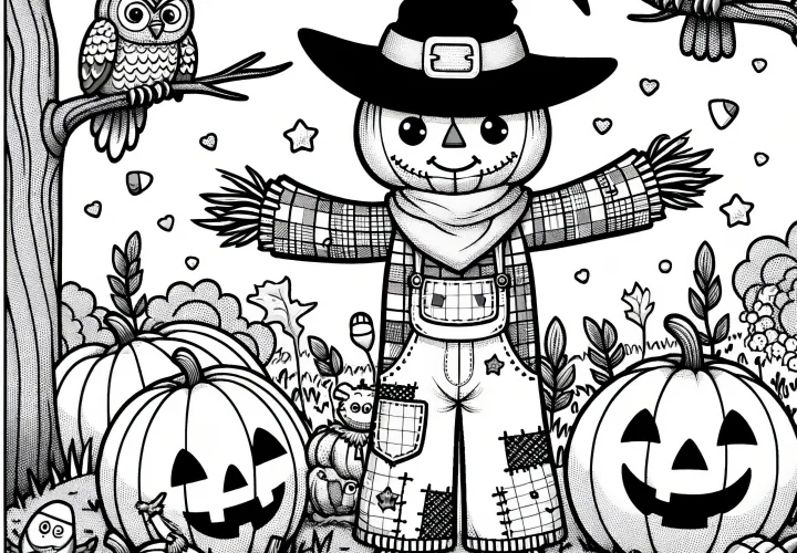 Rozkošný strašák, dýně na Halloween a sovy v lese: omalovánka zdarma