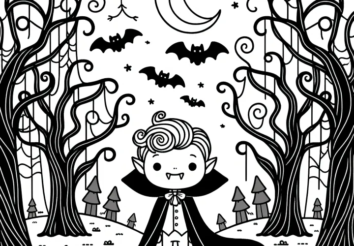 Halloweenský kostým: Drákula v lese omalovánka (zdarma)