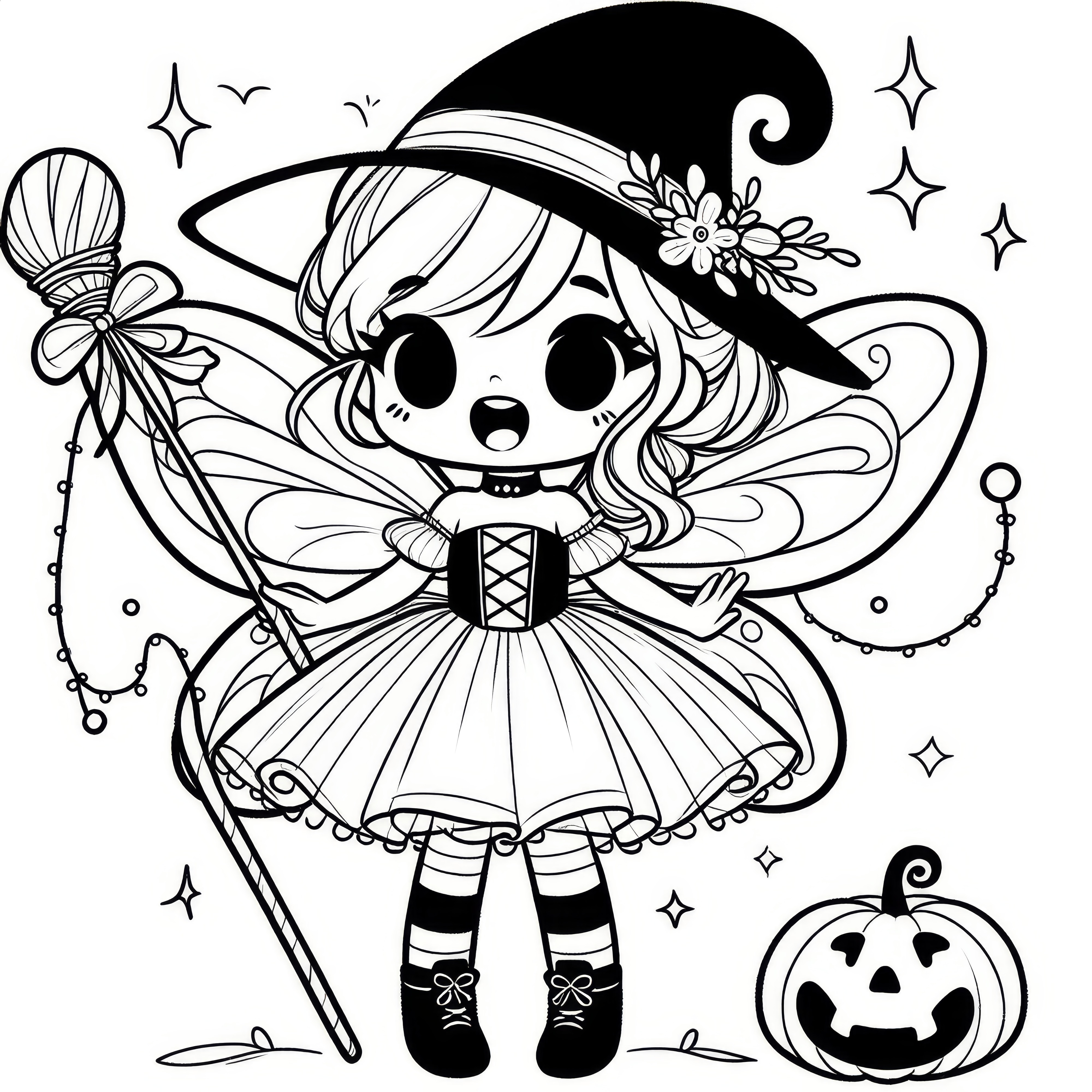 Halloweenský kostým víly: jednoduchý omalovánkový list (zdarma)