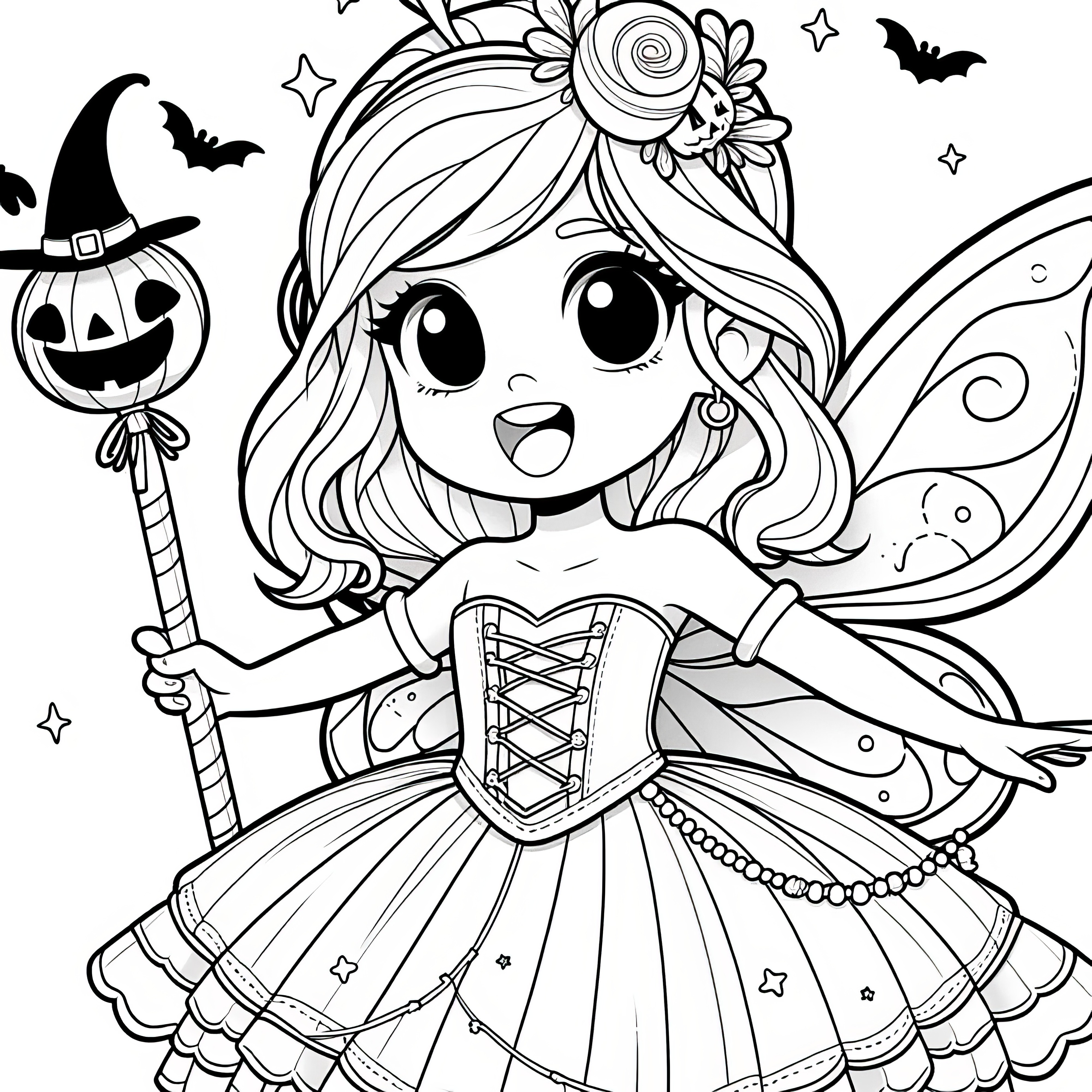 ハロウィンの衣装：可愛い妖精のぬり絵（無料）