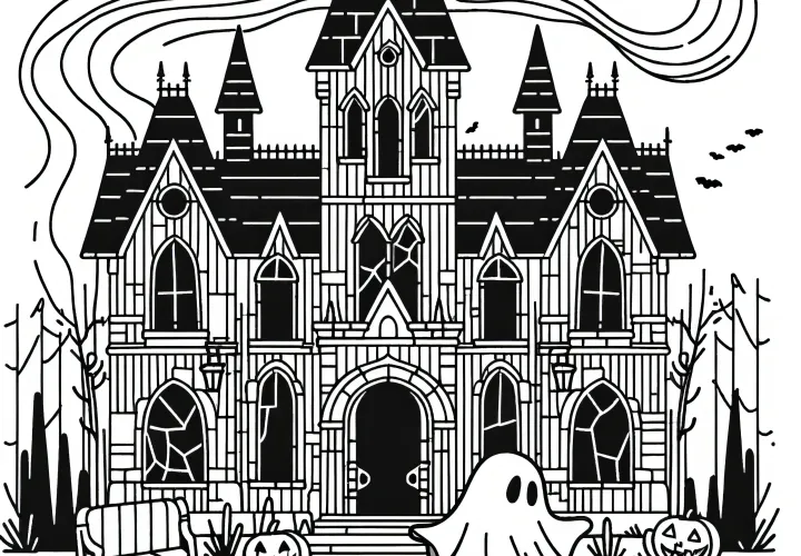 Halloween kostým ducha před strašidelným zámkem: omalovánka ke stažení (Zdarma)