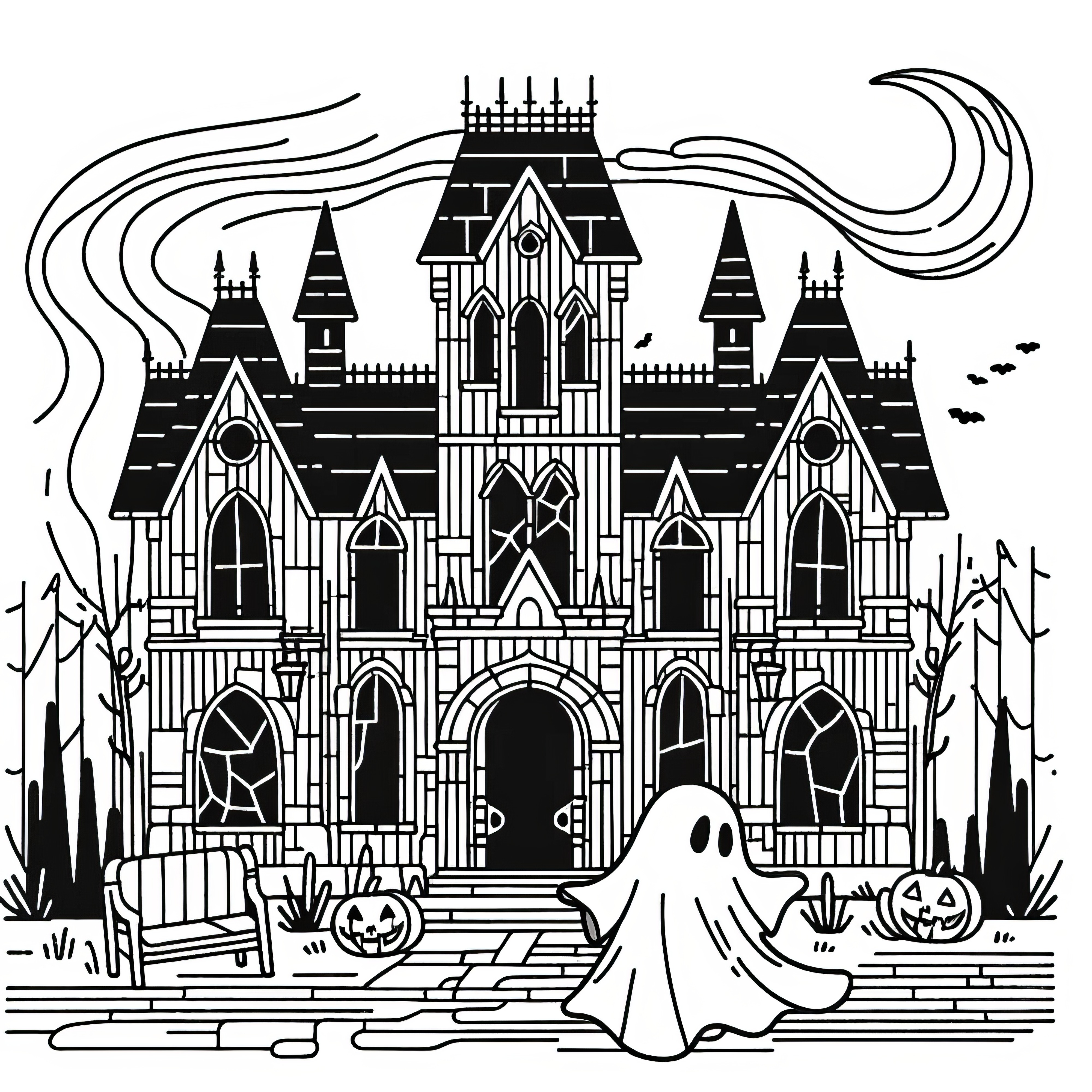 ハロウィンのコスチュームの幽霊がお化け屋敷の前にいます: ダウンロード用の塗り絵（無料）
