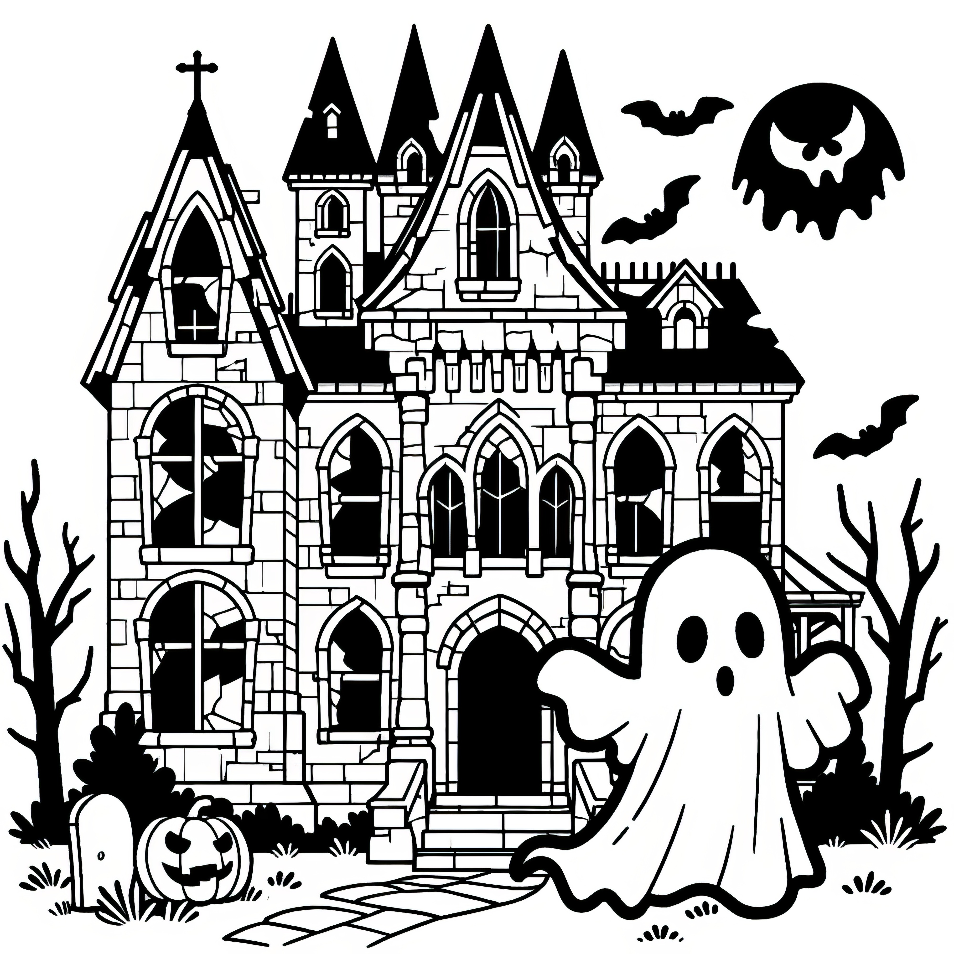 Halloweenský kostým ducha před strašidelným zámkem: výtvarný obrázek k stáhnutí zdarma