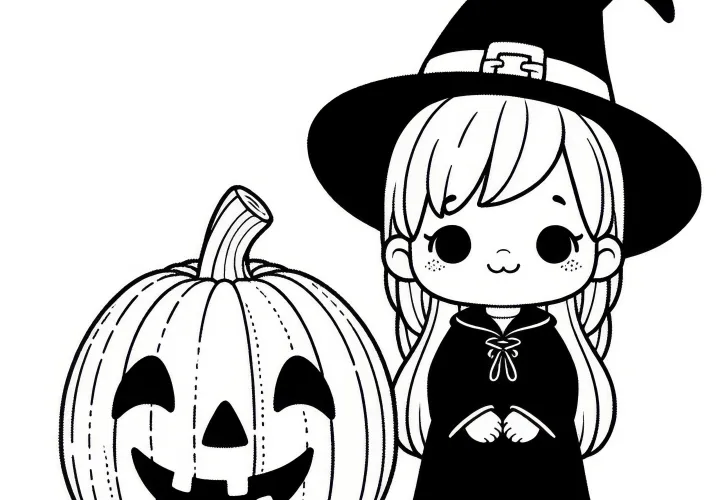 Halloweenský kostým čarodějnice s dýní: omalovánka ke stažení (Zdarma)