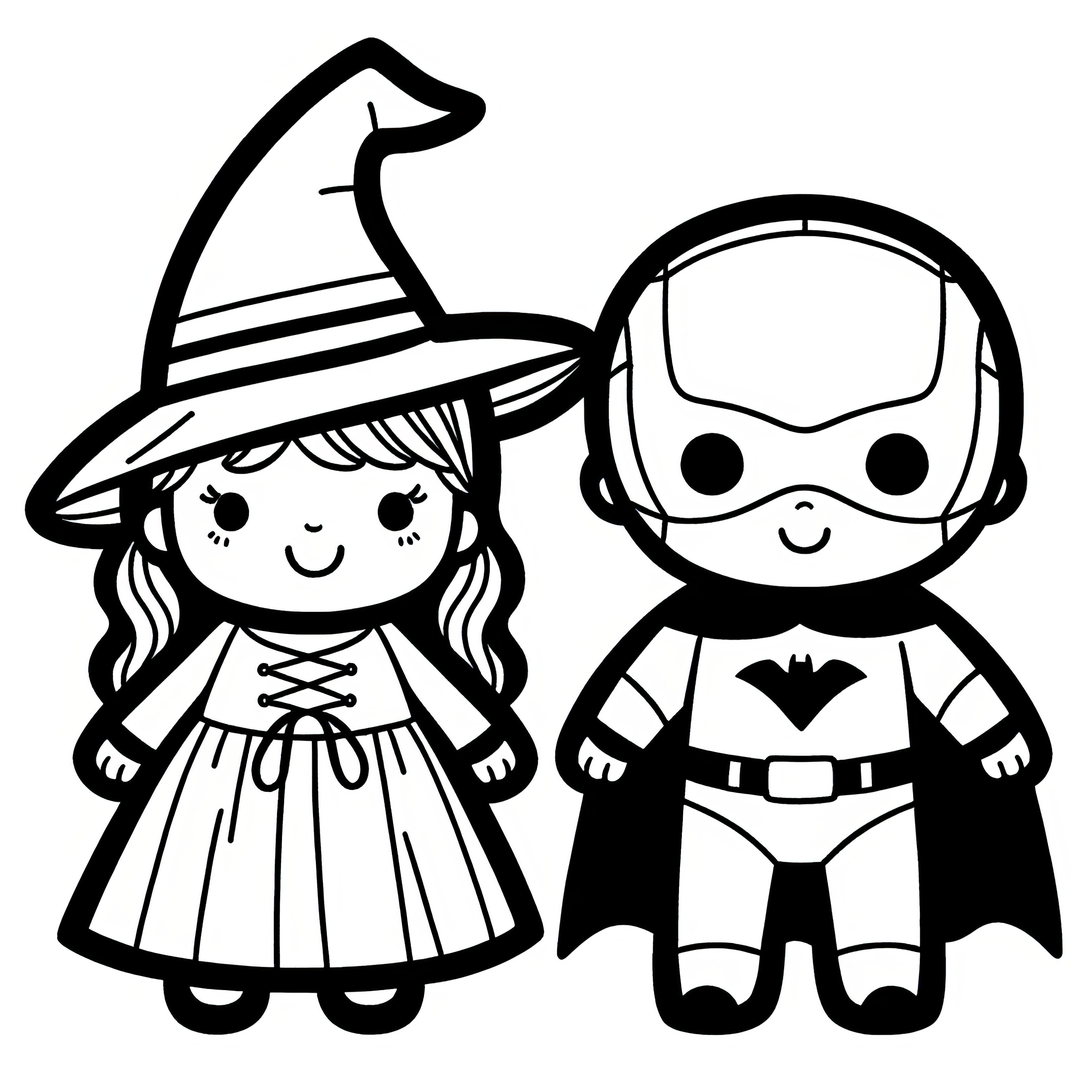 ハロウィンの衣装、魔女とスーパーヒーロー：子供向けの簡単な塗り絵（無料）