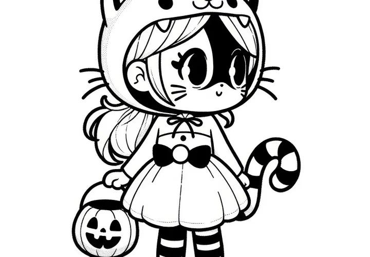 Halloweenský kostým kočky: Jednoduchý obrázek k vybarvení ke stažení (Zdarma)