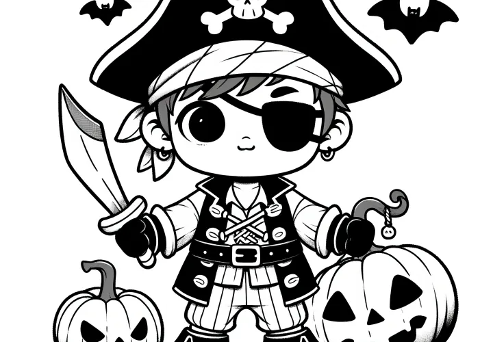 Kostým piráta s oklíkou a dýněmi na Halloween: Omalovánka (Zdarma)