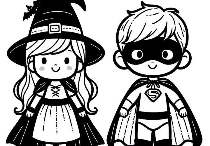 Halloweenský kostým - superhrdina a čarodějnice: Omalovánka zdarma