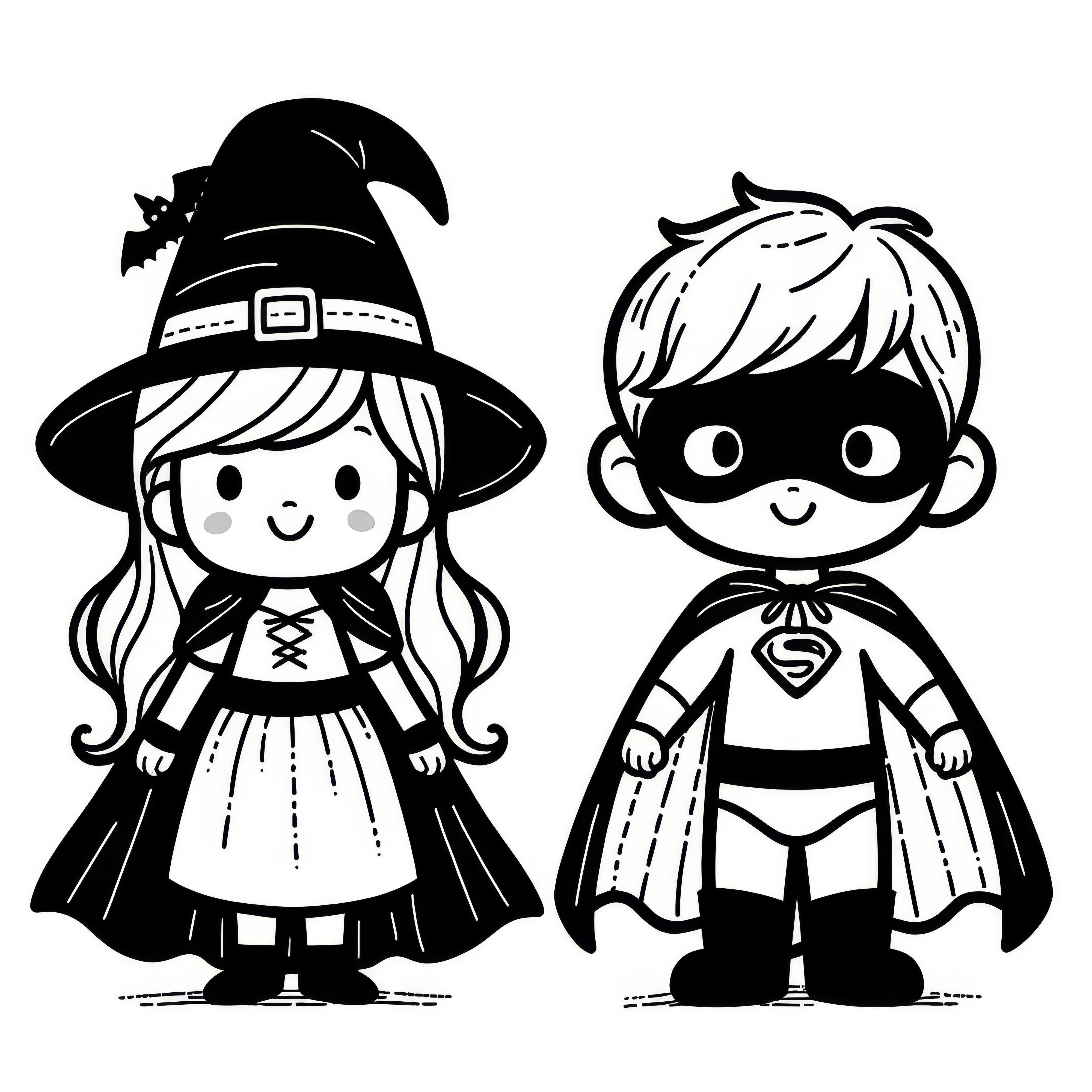 ハロウィンの仮装 - スーパーヒーローと魔女: 無料の塗り絵