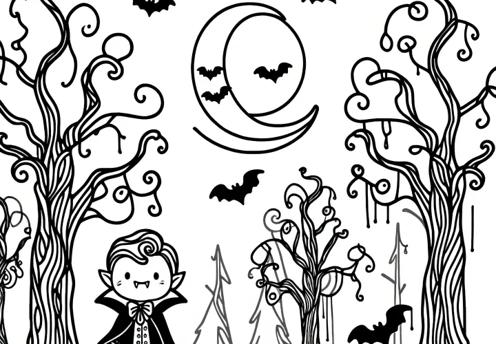 Halloweenský kostým upíra v lese: omalovánka ke stažení (zdarma)