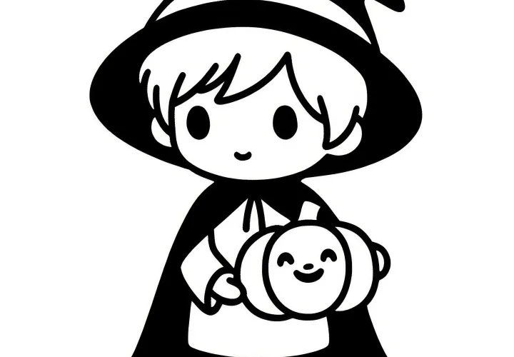 Halloweenský kostým: Malý kouzelník jako jednoduchý omalovánkový obrázek (Zdarma)