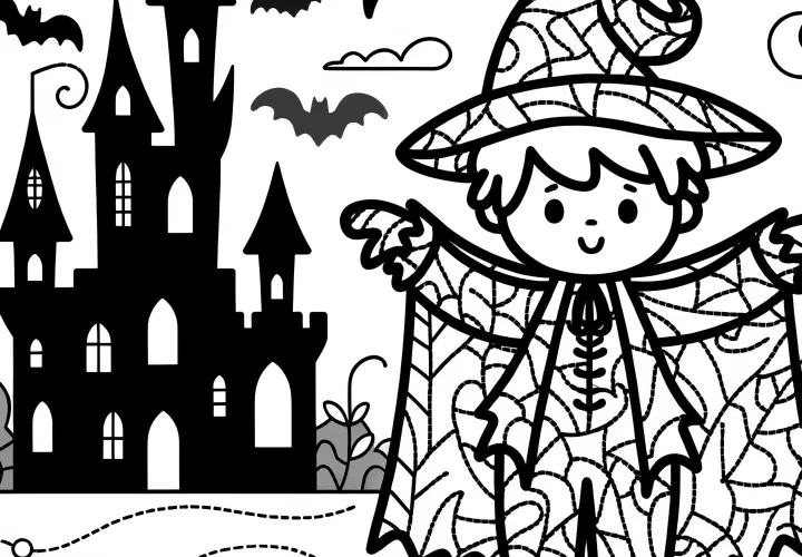 Halloweenský kostým: Kouzelník před hradem jako omalovánka (Zdarma)