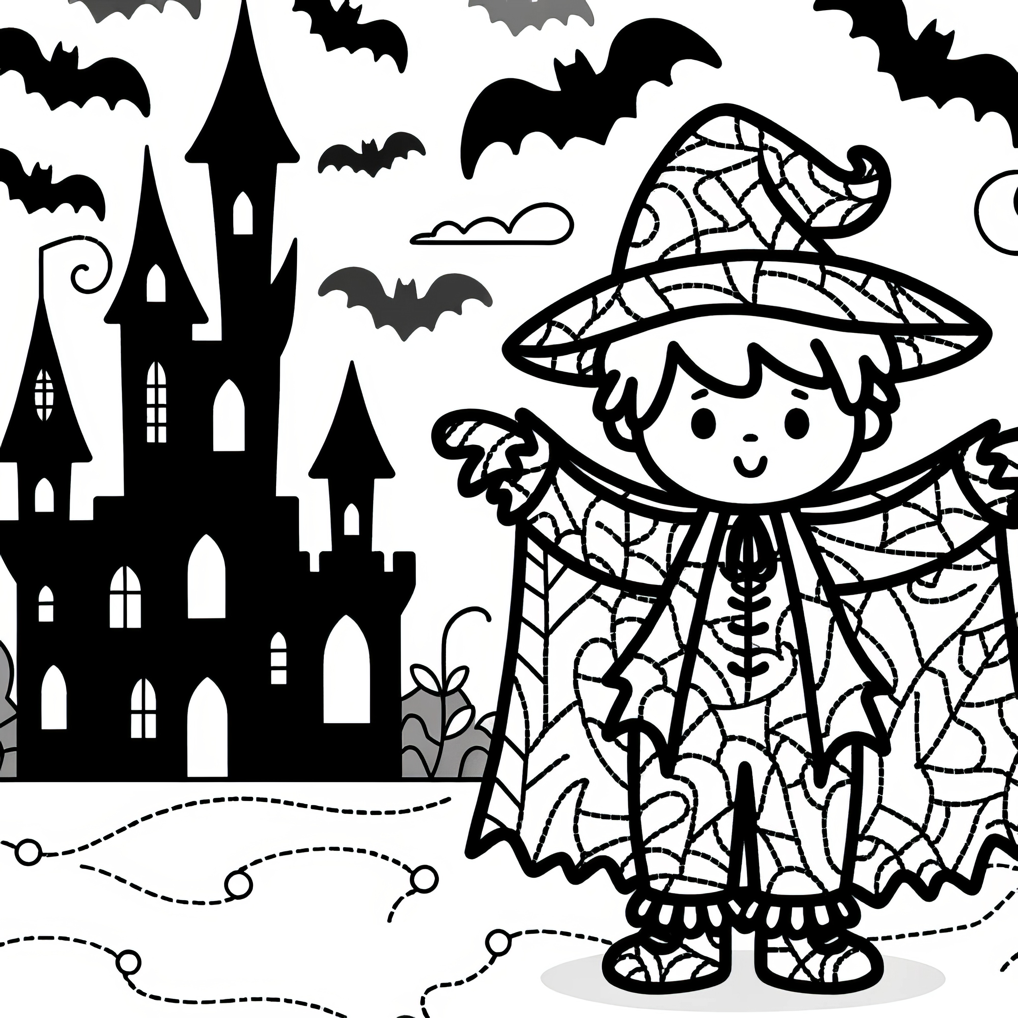ハロウィンの衣装：魔法使いが城の前で塗り絵として提供されます（無料）