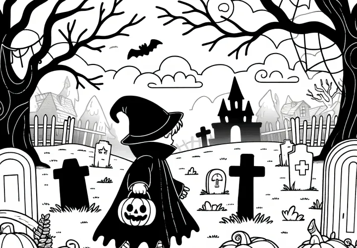 Na hřbitově: Strach nahánějící obrázek na Halloween k vybarvení (Zdarma)