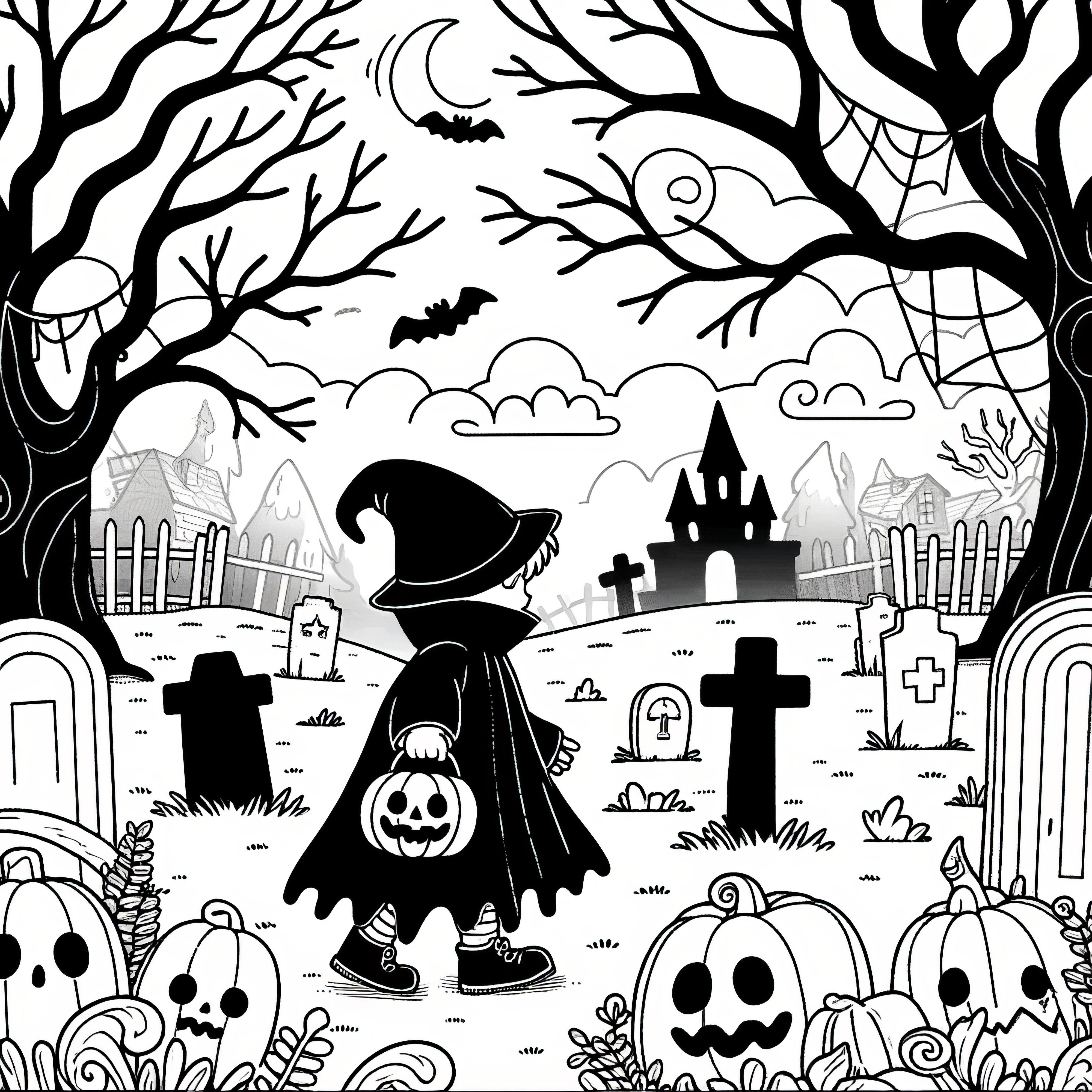 Na hřbitově: Strašidelný obrázek na Halloween k vybarvení (Zdarma)