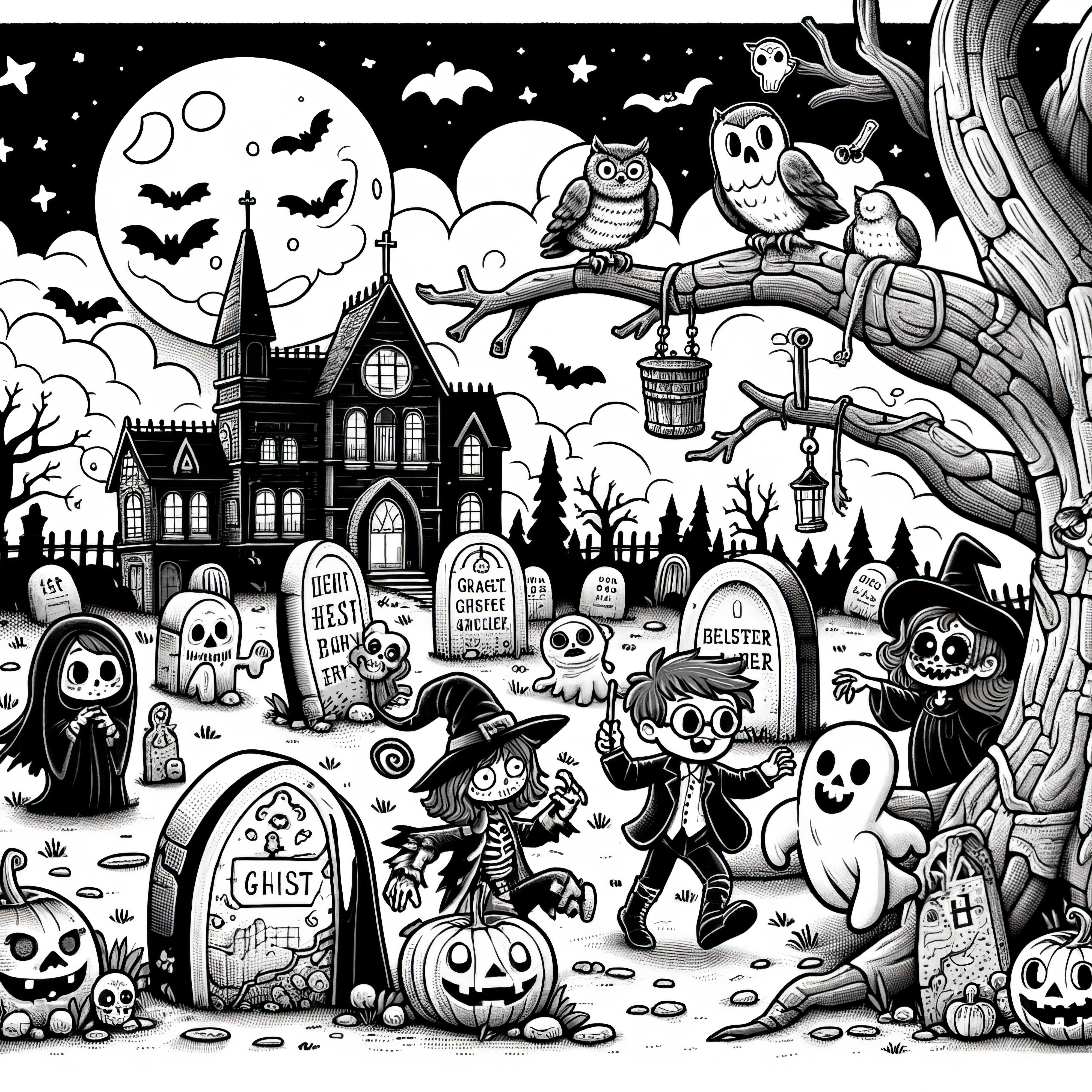 ハロウィンのおばけ屋敷の塗り絵（無料）